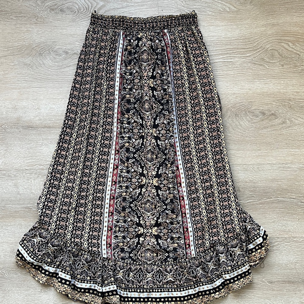 Angie Black & Cream Boho Printed Tiered Maxi Skirt